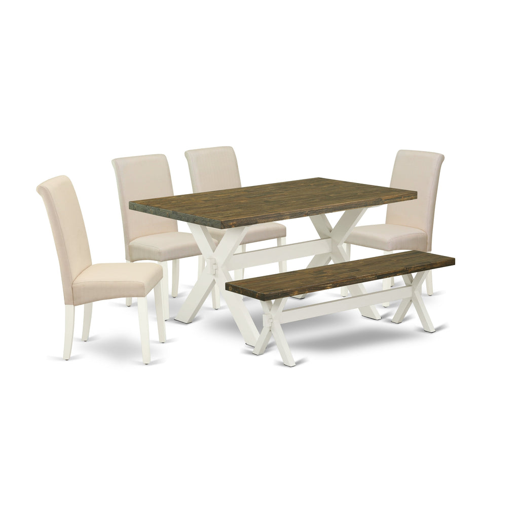 East West Furniture X076BA201-6 6 Piece Modern Dining Table Set Contains a Rectangle Wooden Table with X-Legs and 4 Cream Linen Fabric Parson Chairs with a Bench, 36x60 Inch, Multi-Color