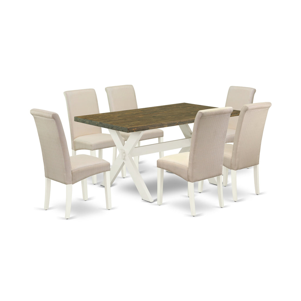 East West Furniture X076BA201-7 7 Piece Modern Dining Table Set Consist of a Rectangle Wooden Table with X-Legs and 6 Cream Linen Fabric Upholstered Parson Chairs, 36x60 Inch, Multi-Color