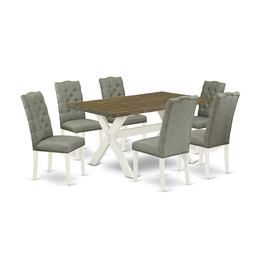 East West Furniture X076EL207-7 7 Piece Modern Dining Table Set Consist of a Rectangle Wooden Table with X-Legs and 6 Gray Linen Fabric Parson Dining Chairs, 36x60 Inch, Multi-Color