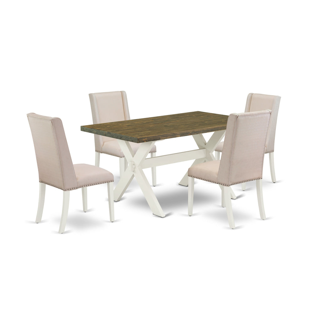 East West Furniture X076FL201-5 5 Piece Kitchen Table Set for 4 Includes a Rectangle Dining Table with X-Legs and 4 Cream Linen Fabric Parson Dining Room Chairs, 36x60 Inch, Multi-Color