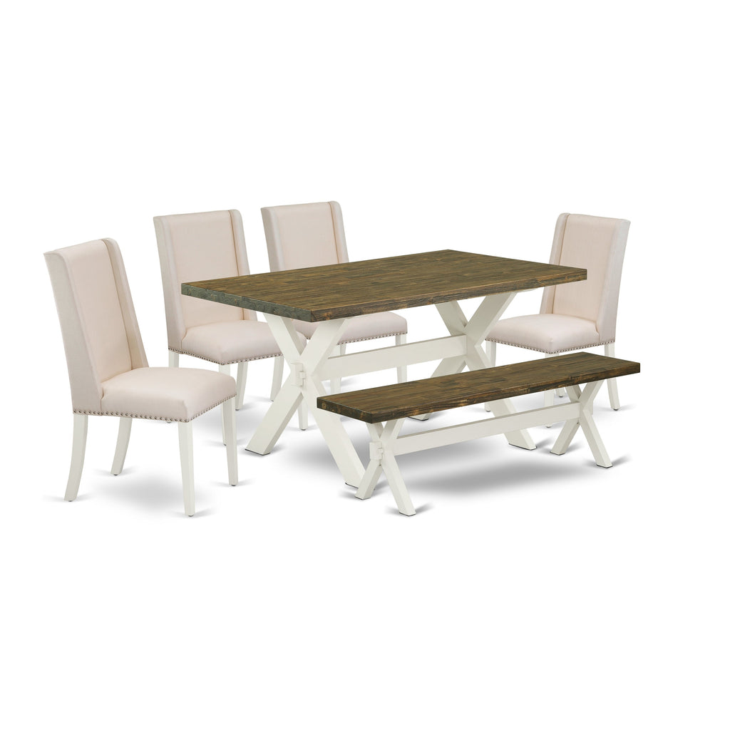 East West Furniture X076FL201-6 6 Piece Dining Table Set Contains a Rectangle Dining Room Table with X-Legs and 4 Cream Linen Fabric Parson Chairs with a Bench, 36x60 Inch, Multi-Color