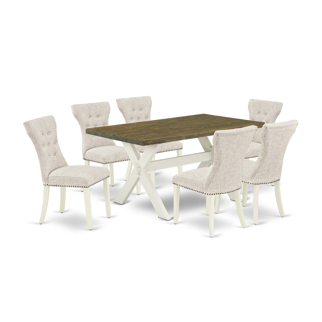 East West Furniture X076GA235-7 7 Piece Modern Dining Table Set Consist of a Rectangle Wooden Table with X-Legs and 6 Doeskin Linen Fabric Upholstered Chairs, 36x60 Inch, Multi-Color