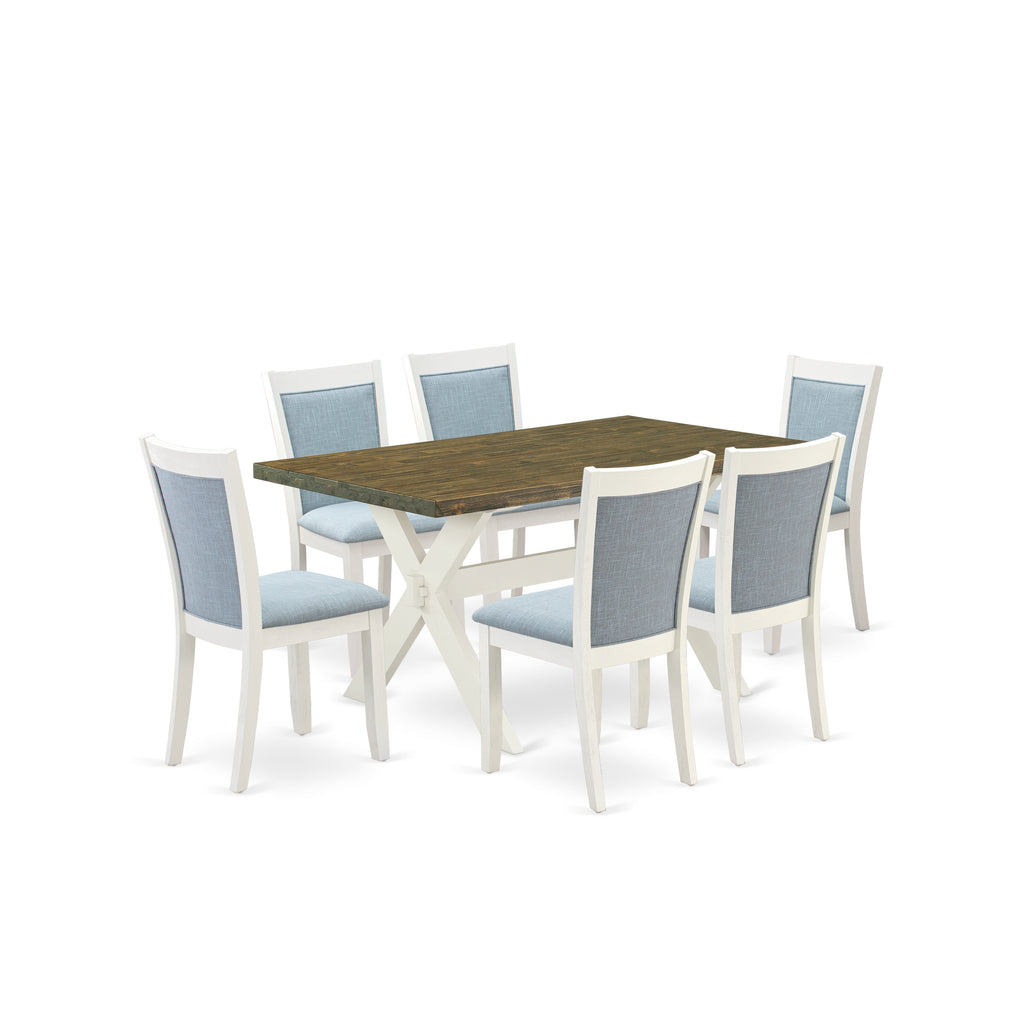 East West Furniture X076MZ015-7 7 Piece Dining Set Consist of a Rectangle Dining Room Table with X-Legs and 6 Baby Blue Linen Fabric Upholstered Parson Chairs, 36x60 Inch, Multi-Color