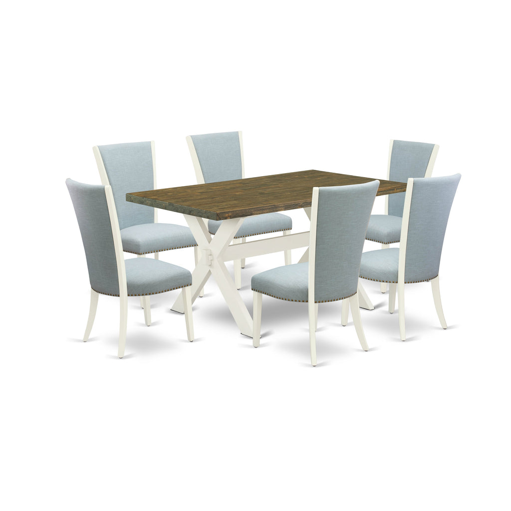 East West Furniture X076VE215-7 7 Piece Dining Set Consist of a Rectangle Dining Room Table with X-Legs and 6 Baby Blue Linen Fabric Upholstered Parson Chairs, 36x60 Inch, Multi-Color