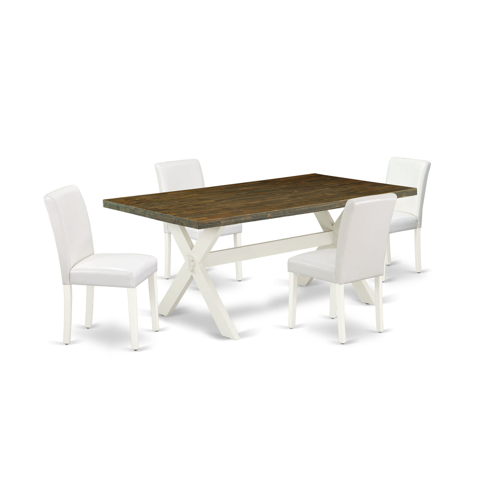 East West Furniture X077AB264-5 5 Piece Modern Dining Table Set Includes a Rectangle Wooden Table with X-Legs and 4 White Faux Leather Parsons Dining Chairs, 40x72 Inch, Multi-Color