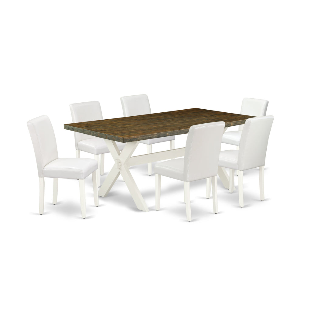 East West Furniture X077AB264-7 7 Piece Dining Room Table Set Consist of a Rectangle Dining Table with X-Legs and 6 White Faux Leather Upholstered Parson Chairs, 40x72 Inch, Multi-Color