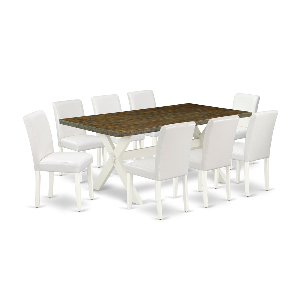 East West Furniture X077AB264-9 9 Piece Dining Room Furniture Set Includes a Rectangle Dining Table with X-Legs and 8 White Faux Leather Upholstered Chairs, 40x72 Inch, Multi-Color
