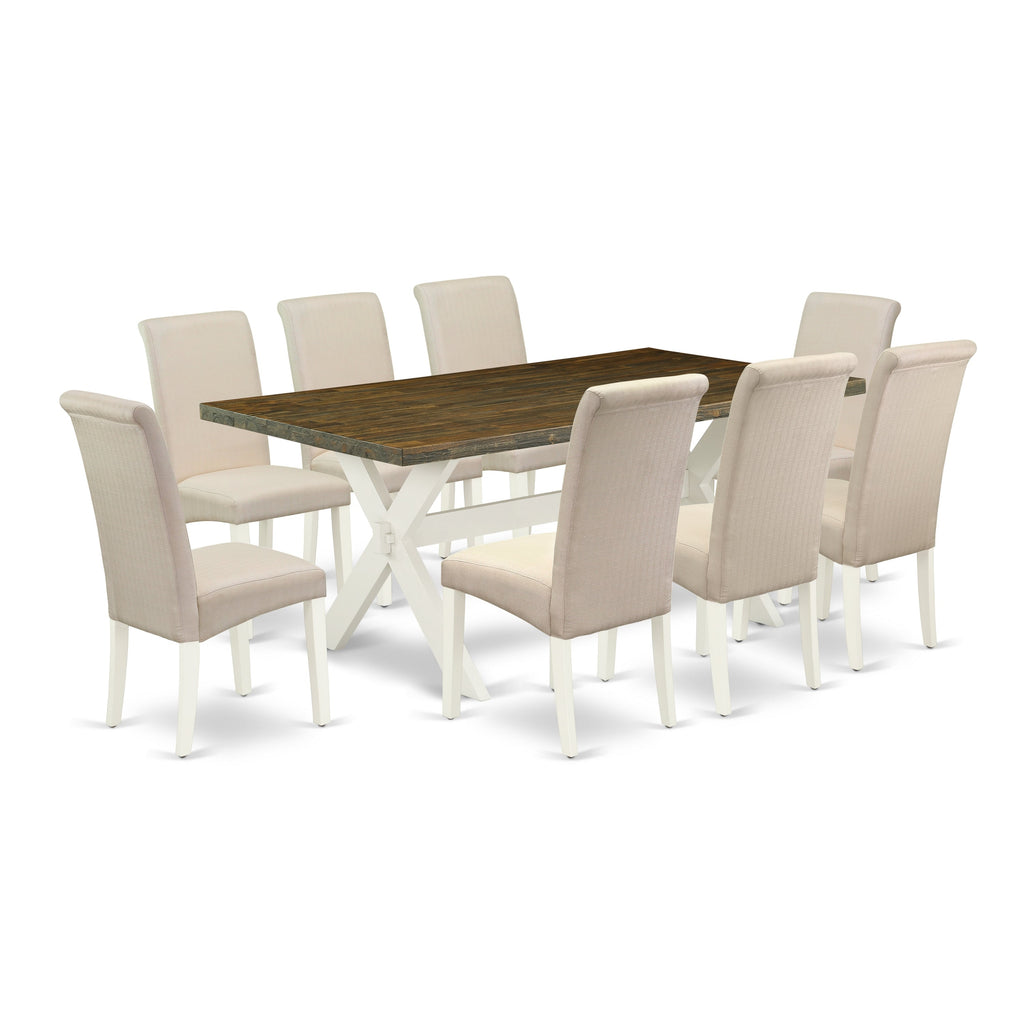 East West Furniture X077BA201-9 9 Piece Dining Set Includes a Rectangle Dining Room Table with X-Legs and 8 Cream Linen Fabric Upholstered Parson Chairs, 40x72 Inch, Multi-Color