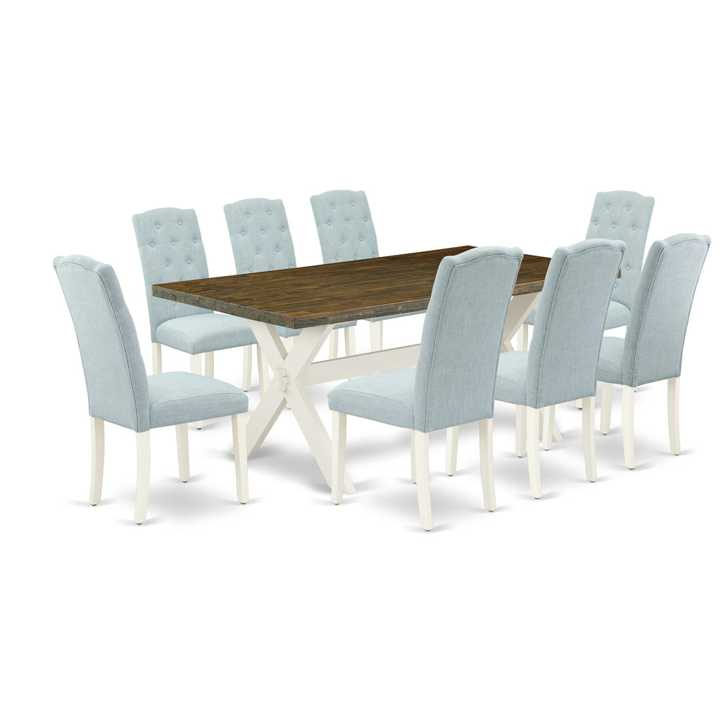 East West Furniture X077CE215-9 9 Piece Dining Room Set Includes a Rectangle Kitchen Table with X-Legs and 8 Baby Blue Linen Fabric Upholstered Parson Chairs, 40x72 Inch, Multi-Color