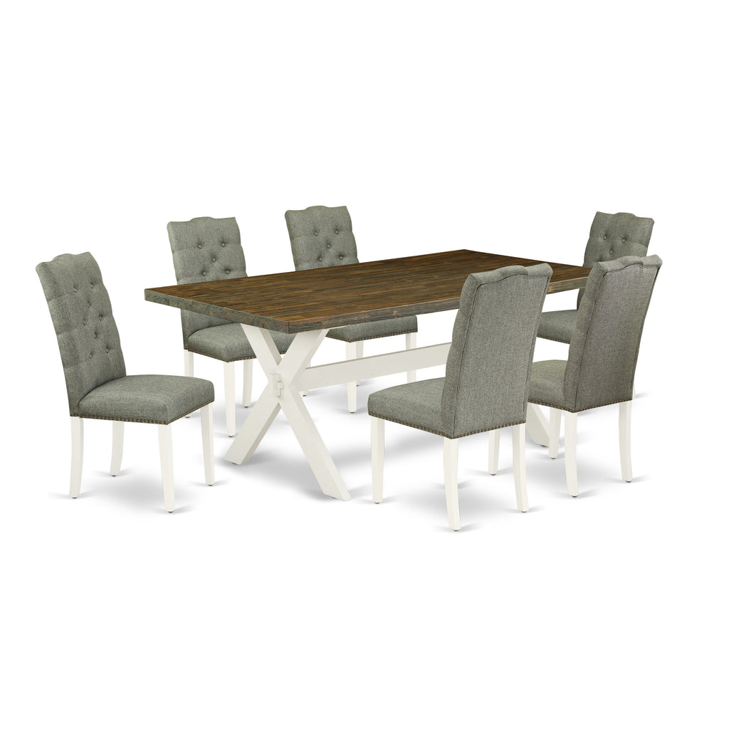East West Furniture X077EL207-7 7 Piece Dining Room Table Set Consist of a Rectangle Dining Table with X-Legs and 6 Gray Linen Fabric Upholstered Parson Chairs, 40x72 Inch, Multi-Color