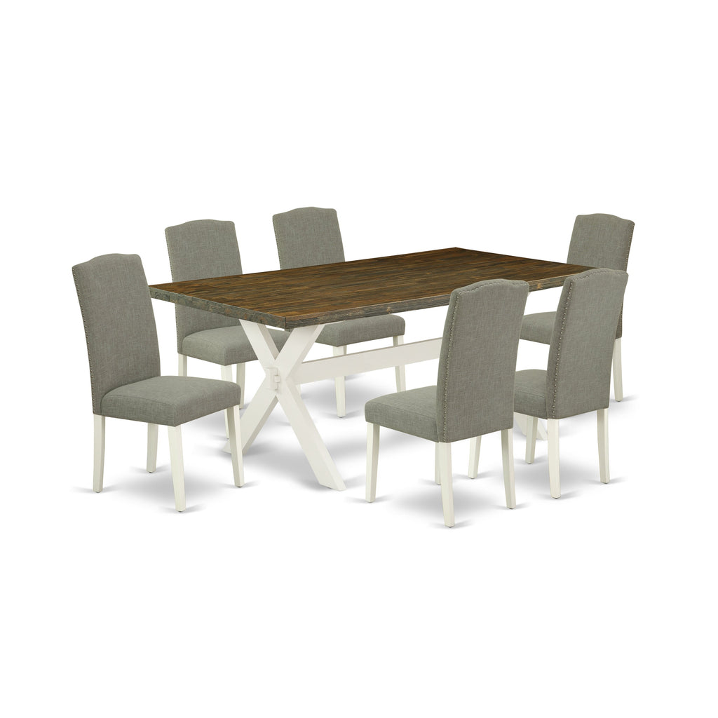 East West Furniture X077EN206-7 7 Piece Modern Dining Table Set Consist of a Rectangle Wooden Table with X-Legs and 6 Dark Shitake Linen Fabric Upholstered Chairs, 40x72 Inch, Multi-Color