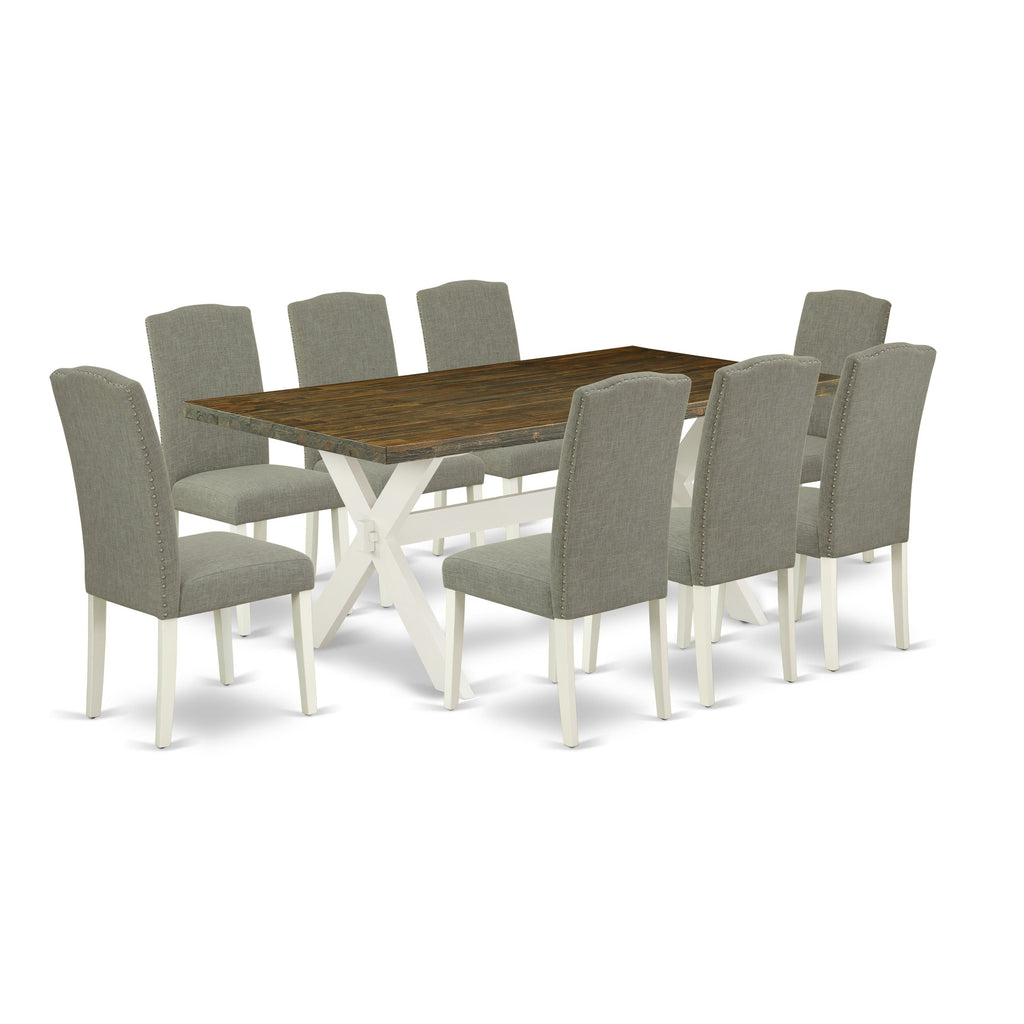 East West Furniture X077EN206-9 9 Piece Dining Set Includes a Rectangle Dining Room Table with X-Legs and 8 Dark Shitake Linen Fabric Upholstered Parson Chairs, 40x72 Inch, Multi-Color