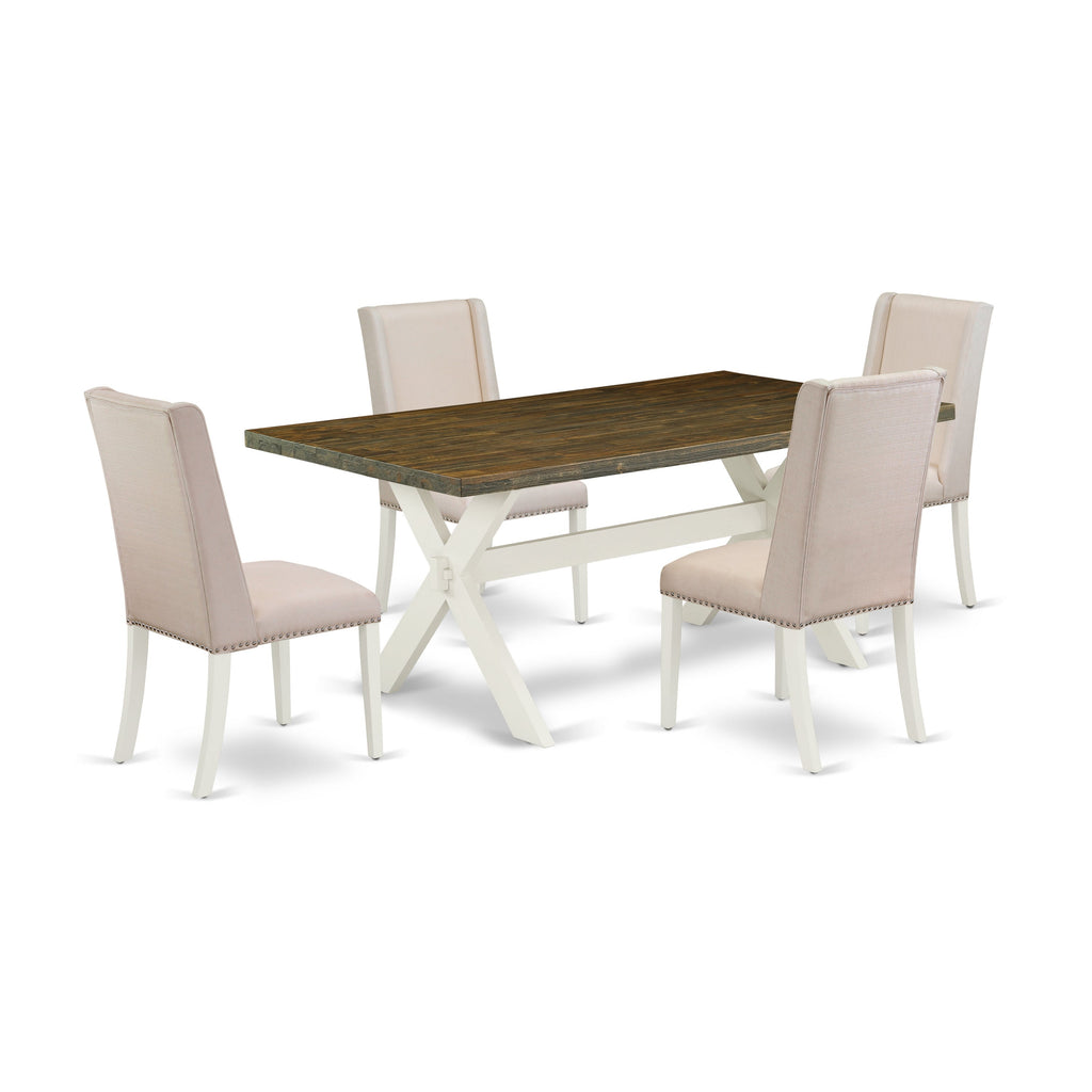 East West Furniture X077FL201-5 5 Piece Dining Room Furniture Set Includes a Rectangle Dining Table with X-Legs and 4 Cream Linen Fabric Parsons Chairs, 40x72 Inch, Multi-Color