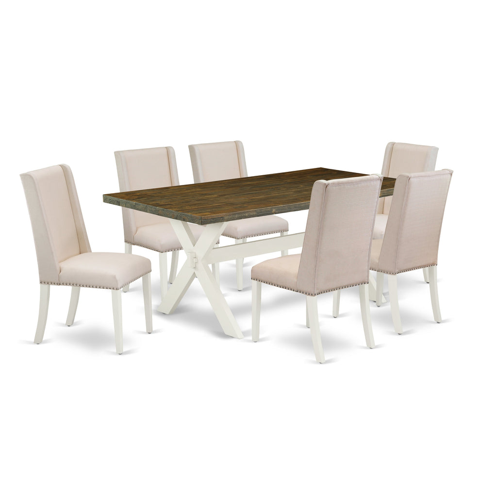 East West Furniture X077FL201-7 7 Piece Dining Room Furniture Set Consist of a Rectangle Dining Table with X-Legs and 6 Cream Linen Fabric Upholstered Chairs, 40x72 Inch, Multi-Color