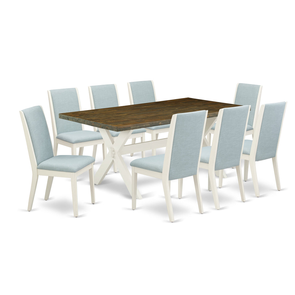 East West Furniture X077LA015-9 9 Piece Kitchen Table & Chairs Set Includes a Rectangle Dining Room Table and 8 Baby Blue Linen Fabric Upholstered Chairs, 40x72 Inch, Multi-Color