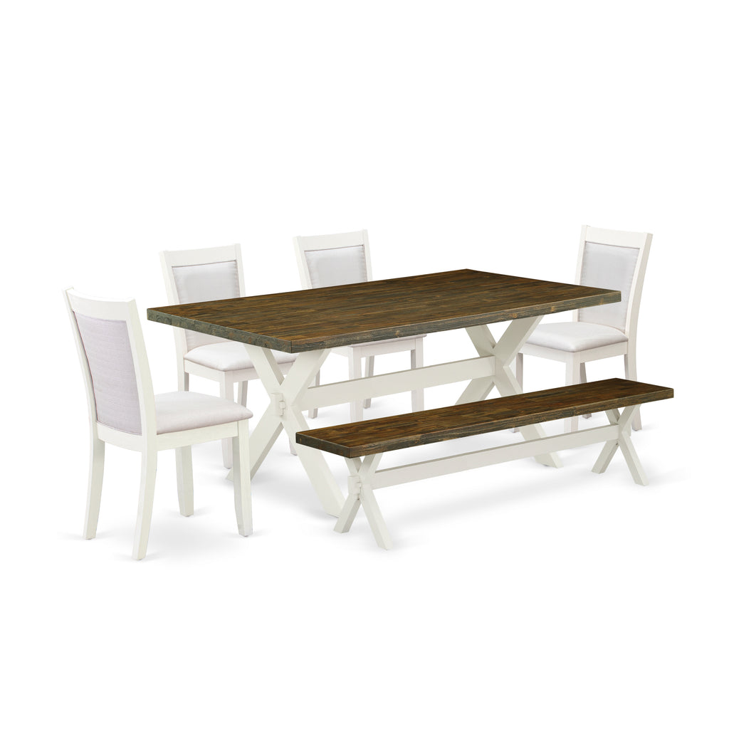 East West Furniture X077MZ001-6 6 Piece Kitchen Table Set Contains a Rectangle Dining Table with X-Legs and 4 Cream Linen Fabric Parson Chairs with a Bench, 40x72 Inch, Multi-Color