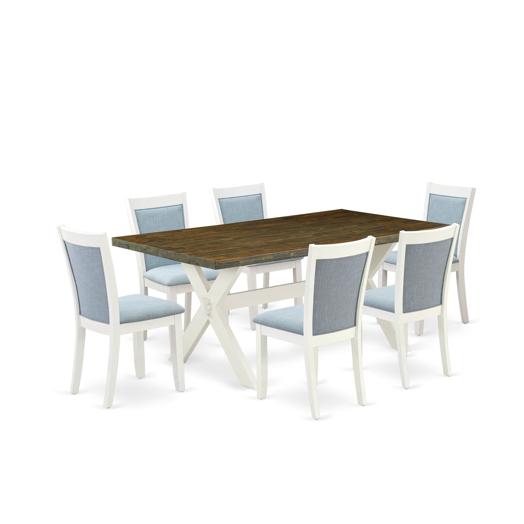 East West Furniture X077MZ015-7 7 Piece Dining Room Table Set Consist of a Rectangle Kitchen Table with X-Legs and 6 Baby Blue Linen Fabric Parson Dining Chairs, 40x72 Inch, Multi-Color