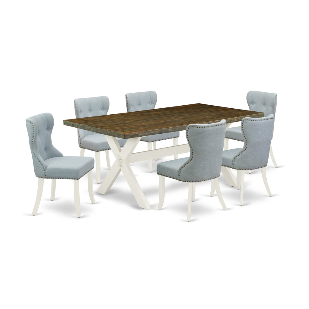 East West Furniture X077SI215-7 7 Piece Dining Table Set Consist of a Rectangle Dining Room Table with X-Legs and 6 Baby Blue Linen Fabric Upholstered Chairs, 40x72 Inch, Multi-Color