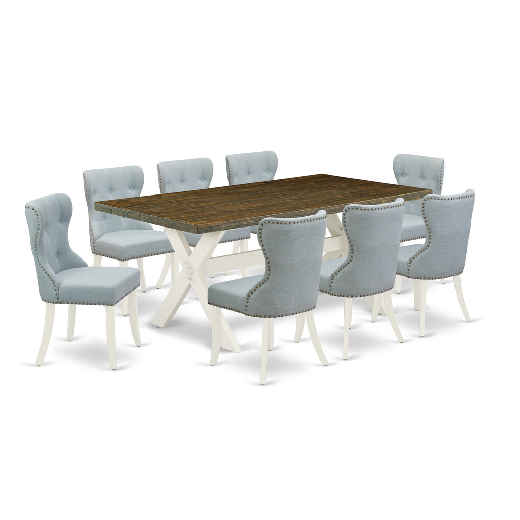 East West Furniture X077SI215-9 9 Piece Dining Room Table Set Includes a Rectangle Kitchen Table with X-Legs and 8 Baby Blue Linen Fabric Parson Dining Chairs, 40x72 Inch, Multi-Color