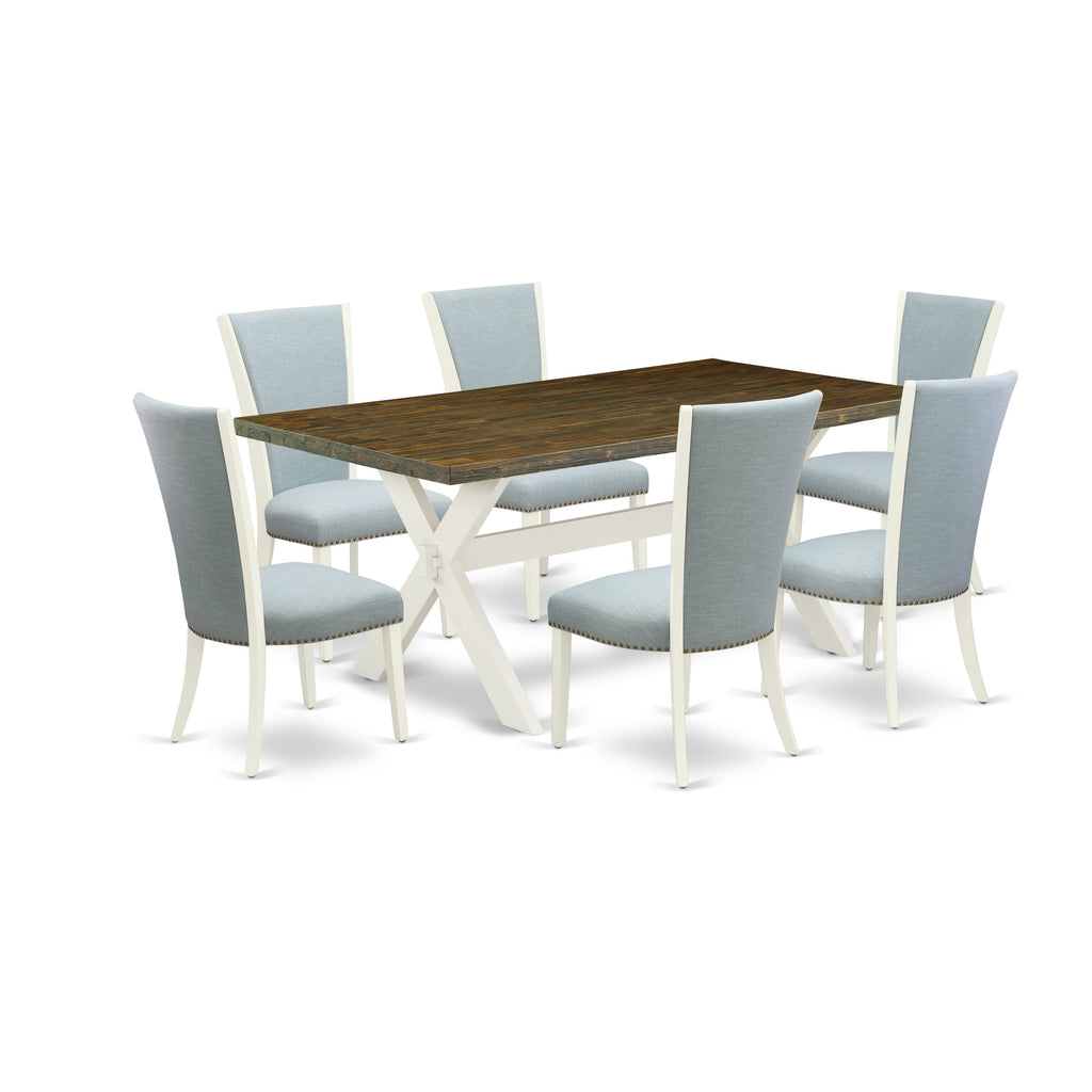East West Furniture X077VE215-7 7 Piece Dining Set Consist of a Rectangle Dining Room Table with X-Legs and 6 Baby Blue Linen Fabric Upholstered Parson Chairs, 40x72 Inch, Multi-Color