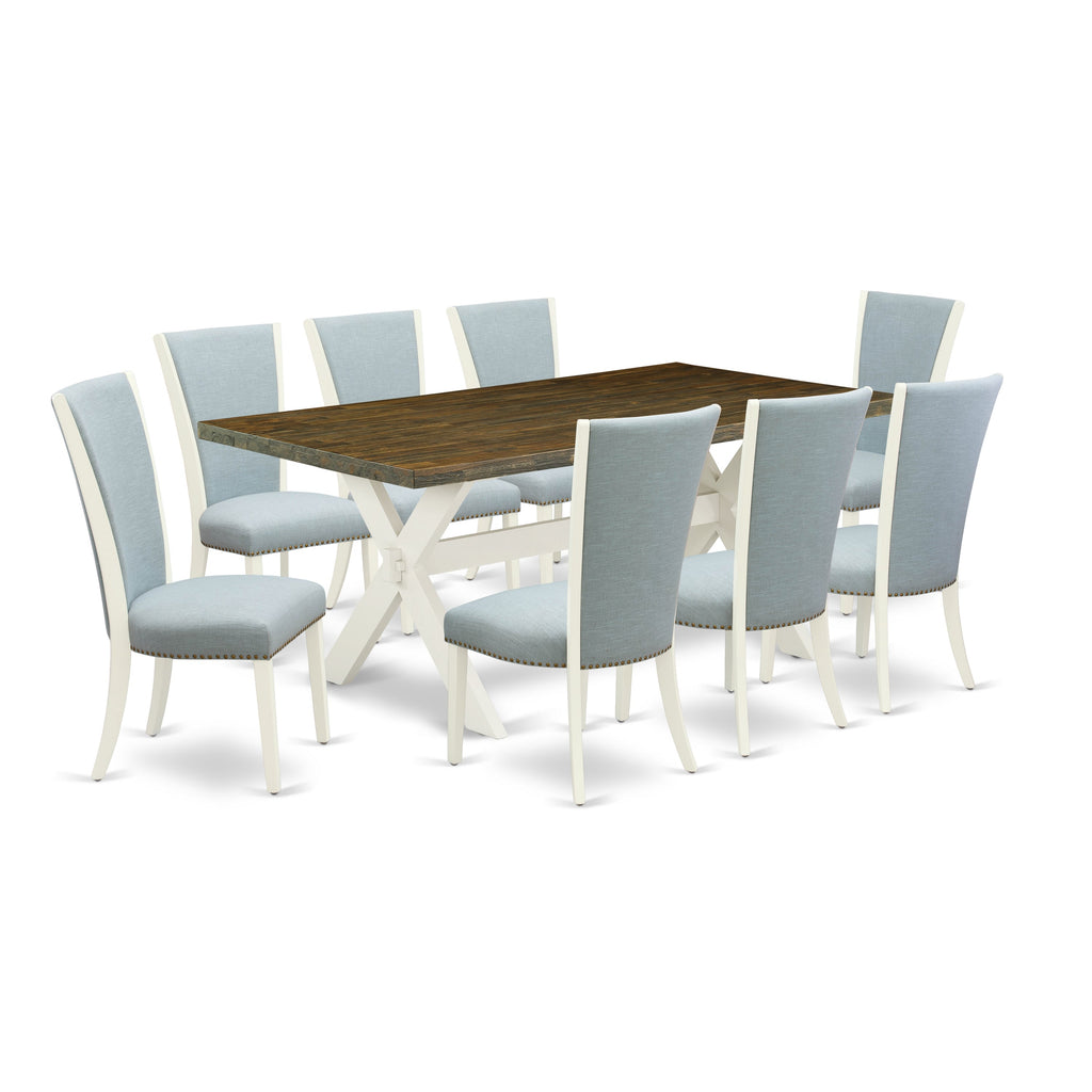 East West Furniture X077VE215-9 9 Piece Kitchen Table Set Includes a Rectangle Dining Table with X-Legs and 8 Baby Blue Linen Fabric Parson Dining Room Chairs, 40x72 Inch, Multi-Color