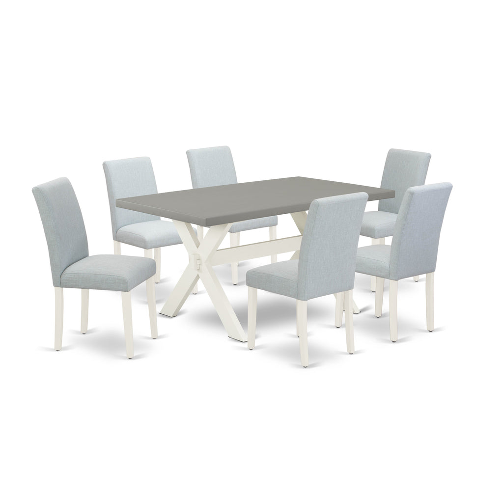 East West Furniture X096AB015-7 7 Piece Dining Room Table Set Consist of a Rectangle Dining Table with X-Legs and 6 Baby Blue Linen Fabric Upholstered Chairs, 36x60 Inch, Multi-Color