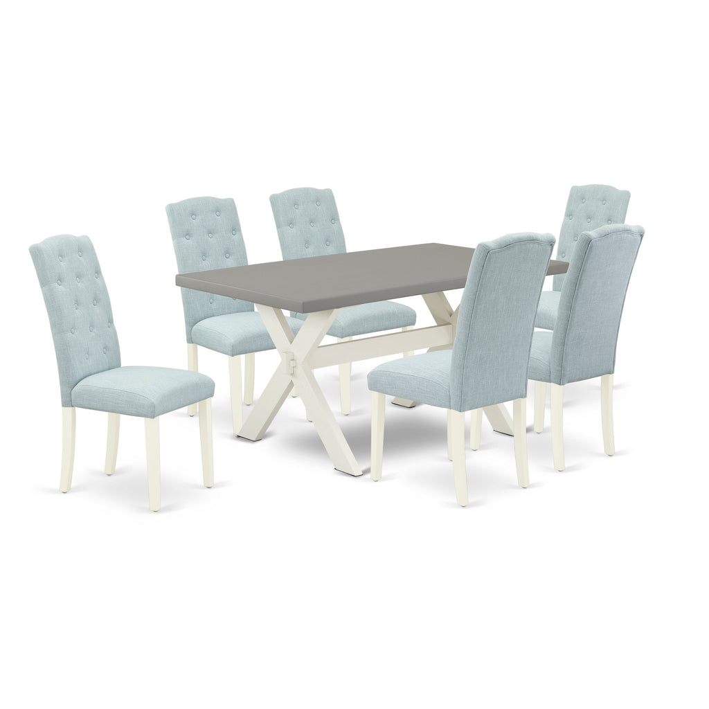 East West Furniture X096CE215-7 7 Piece Dining Table Set Consist of a Rectangle Dining Room Table with X-Legs and 6 Baby Blue Linen Fabric Upholstered Chairs, 36x60 Inch, Multi-Color