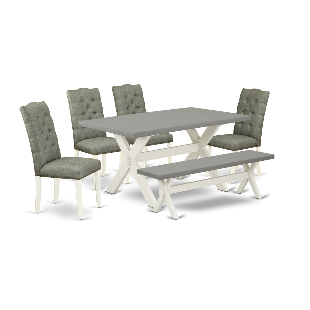 East West Furniture X096EL207-6 6 Piece Dining Table Set Contains a Rectangle Dining Room Table with X-Legs and 4 Gray Linen Fabric Parson Chairs with a Bench, 36x60 Inch, Multi-Color