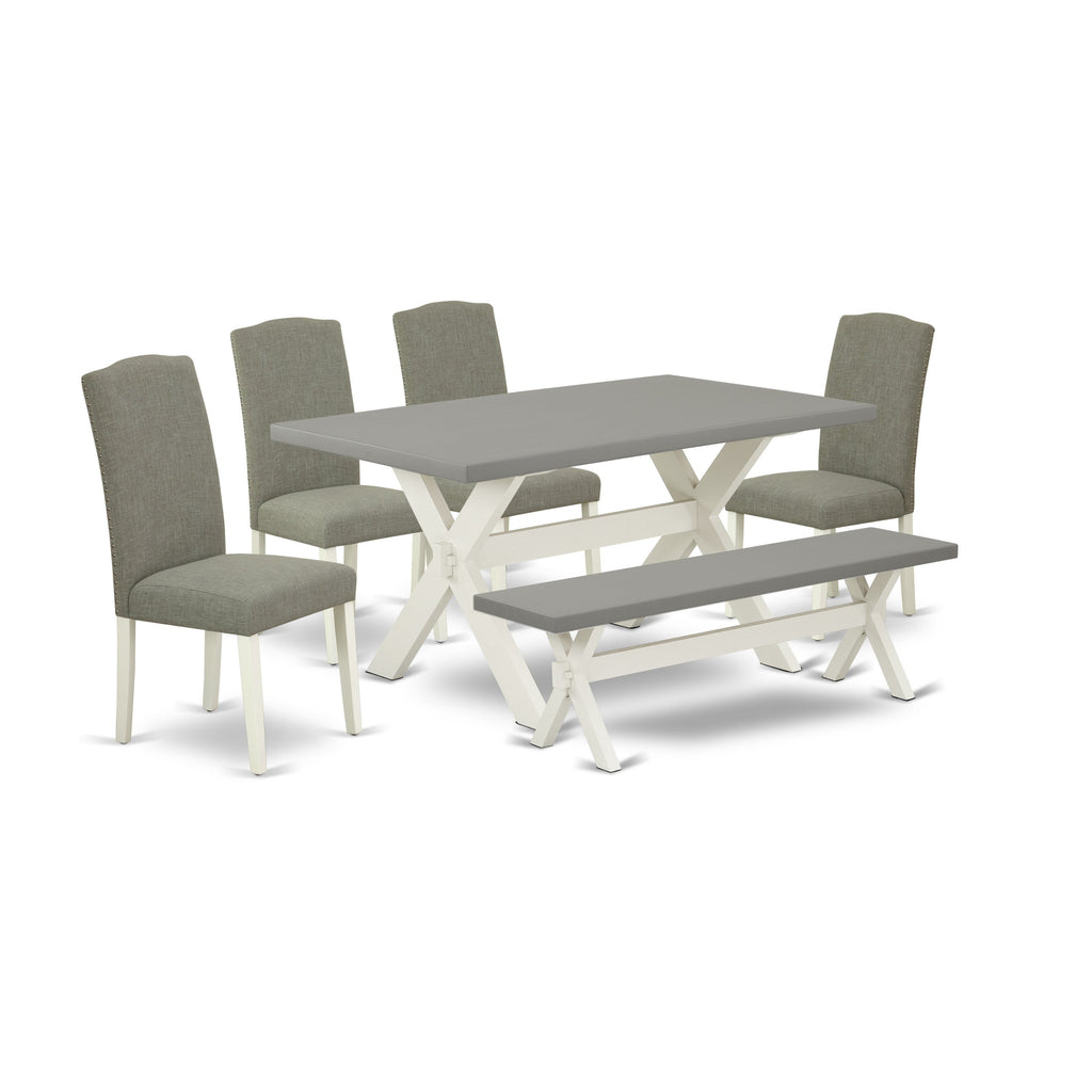 East West Furniture X096EN206-6 6 Piece Kitchen Table Set Contains a Rectangle Dining Table and 4 Dark Shitake Linen Fabric Upholstered Chairs with a Bench, 36x60 Inch, Multi-Color