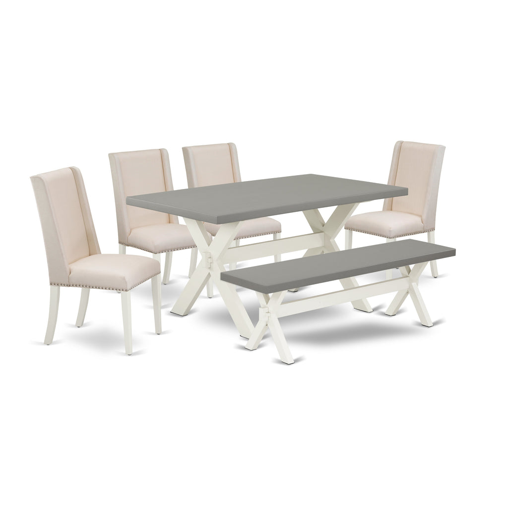 East West Furniture X096FL201-6 6 Piece Dining Set Contains a Rectangle Dining Room Table with X-Legs and 4 Cream Linen Fabric Parson Chairs with a Bench, 36x60 Inch, Multi-Color