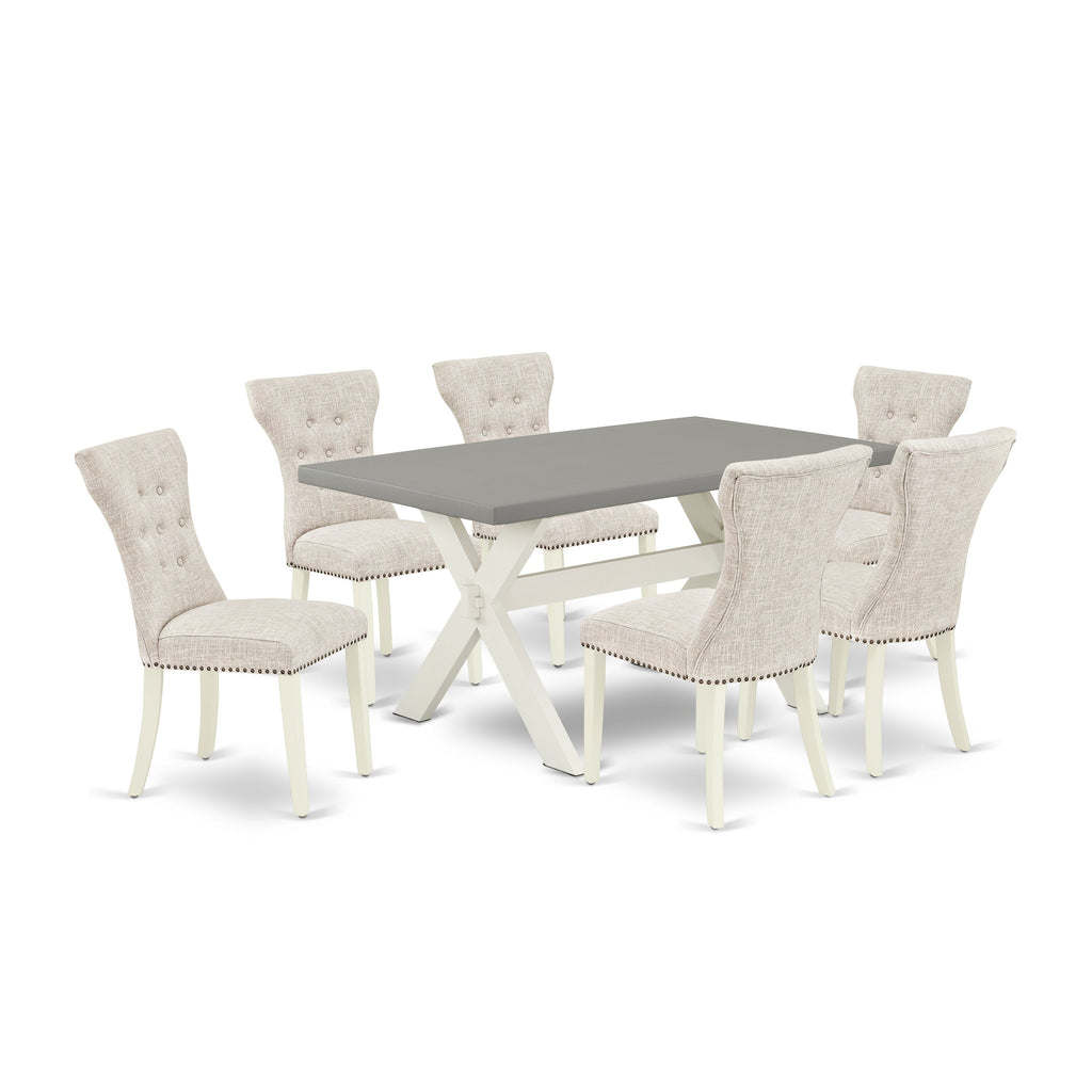 East West Furniture X096GA235-7 7 Piece Kitchen Table Set Consist of a Rectangle Dining Table with X-Legs and 6 Doeskin Linen Fabric Parsons Dining Chairs, 36x60 Inch, Multi-Color