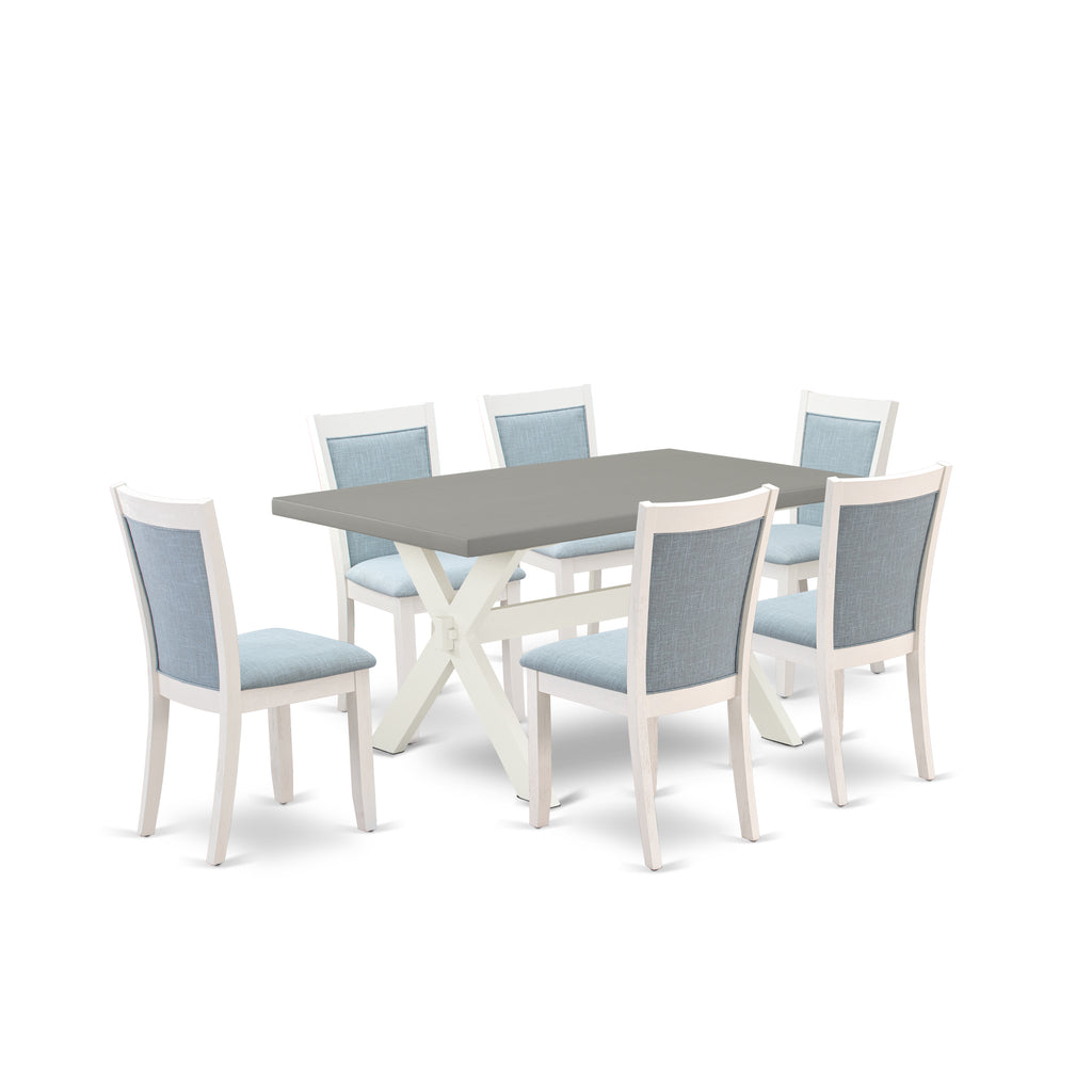 East West Furniture X096MZ015-7 7 Piece Dining Table Set Consist of a Rectangle Dining Room Table with X-Legs and 6 Baby Blue Linen Fabric Upholstered Chairs, 36x60 Inch, Multi-Color