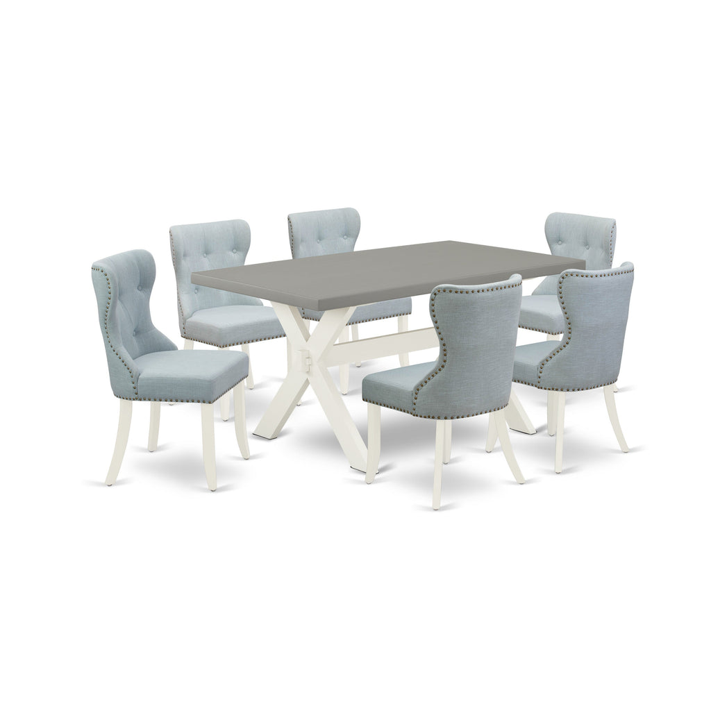 East West Furniture X096SI215-7 7 Piece Dining Set Consist of a Rectangle Dining Room Table with X-Legs and 6 Baby Blue Linen Fabric Upholstered Parson Chairs, 36x60 Inch, Multi-Color