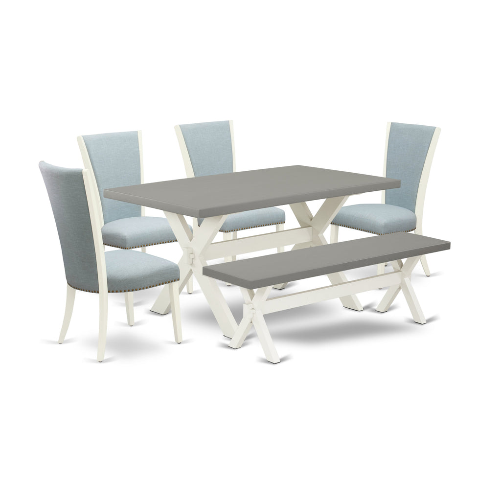East West Furniture X096VE215-6 6 Piece Dinette Set Contains a Rectangle Dining Table with X-Legs and 4 Baby Blue Linen Fabric Parson Chairs with a Bench, 36x60 Inch, Multi-Color
