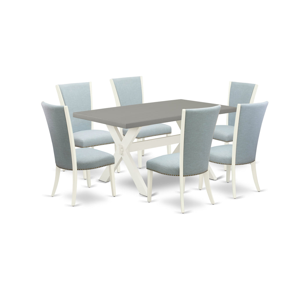 East West Furniture X096VE215-7 7 Piece Dining Set Consist of a Rectangle Dining Room Table with X-Legs and 6 Baby Blue Linen Fabric Upholstered Parson Chairs, 36x60 Inch, Multi-Color