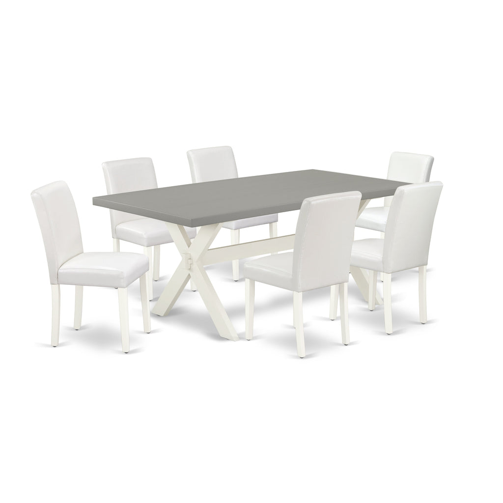 East West Furniture X097AB264-7 7-Piece Modern Rectangular Table Set an Excellent Cement Color Kitchen Table Top and 6 Awesome Pu Leather Parson Chairs with Stylish Chair Back, Linen White Finish