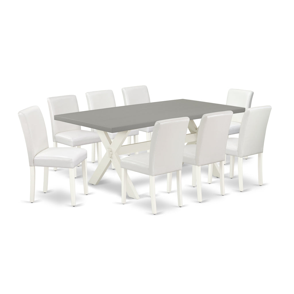 East West Furniture X097AB264-9 9 Piece Dining Table Set Includes a Rectangle Kitchen Table with X-Legs and 8 White Faux Leather Parson Dining Room Chairs, 40x72 Inch, Multi-Color