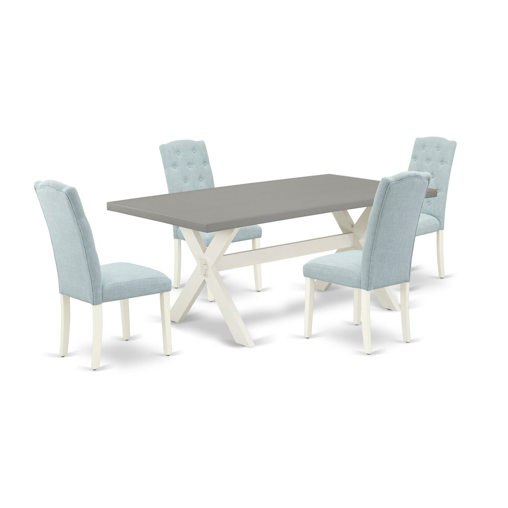 East West Furniture X097CE215-5 5 Piece Dining Room Table Set Includes a Rectangle Dining Table with X-Legs and 4 Baby Blue Linen Fabric Upholstered Parson Chairs, 40x72 Inch, Multi-Color