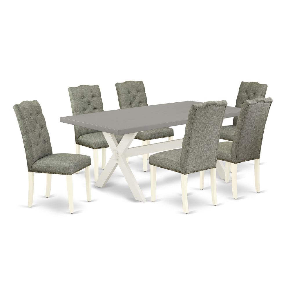 East West Furniture X097EL207-7 7 Piece Dining Room Table Set Consist of a Rectangle Kitchen Table with X-Legs and 6 Gray Linen Fabric Parson Dining Chairs, 40x72 Inch, Multi-Color