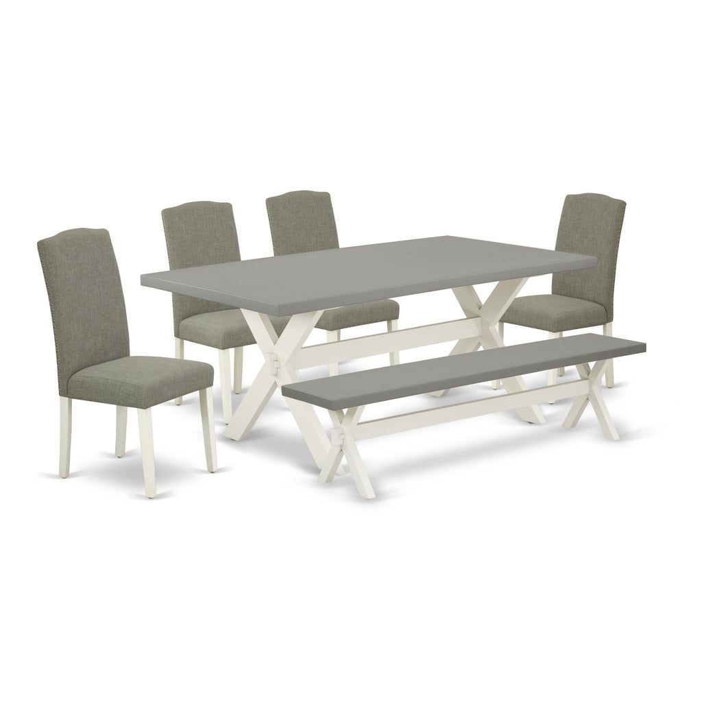 East West Furniture X097EN206-6 6 Piece Dining Set Contains a Rectangle Dining Room Table with X-Legs and 4 Dark Shitake Linen Fabric Parson Chairs with a Bench, 40x72 Inch, Multi-Color