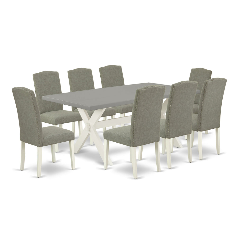 East West Furniture X097EN206-9 9 Piece Kitchen Table Set Includes a Rectangle Dining Table with X-Legs and 8 Dark Shitake Linen Fabric Parson Dining Chairs, 40x72 Inch, Multi-Color