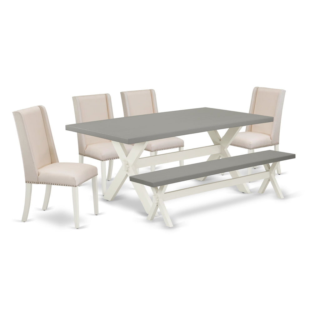 East West Furniture X097FL201-6 6 Piece Kitchen Table Set Contains a Rectangle Dining Table with X-Legs and 4 Cream Linen Fabric Parson Chairs with a Bench, 40x72 Inch, Multi-Color