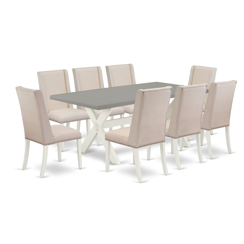 East West Furniture X097FL201-9 9 Piece Kitchen Table Set Includes a Rectangle Dining Table with X-Legs and 8 Cream Linen Fabric Parson Dining Chairs, 40x72 Inch, Multi-Color