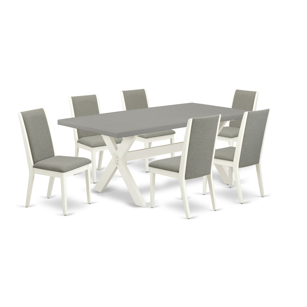 East West Furniture X097LA206-7 7 Piece Modern Dining Table Set Consist of a Rectangle Wooden Table with X-Legs and 6 Shitake Linen Fabric Upholstered Chairs, 40x72 Inch, Multi-Color