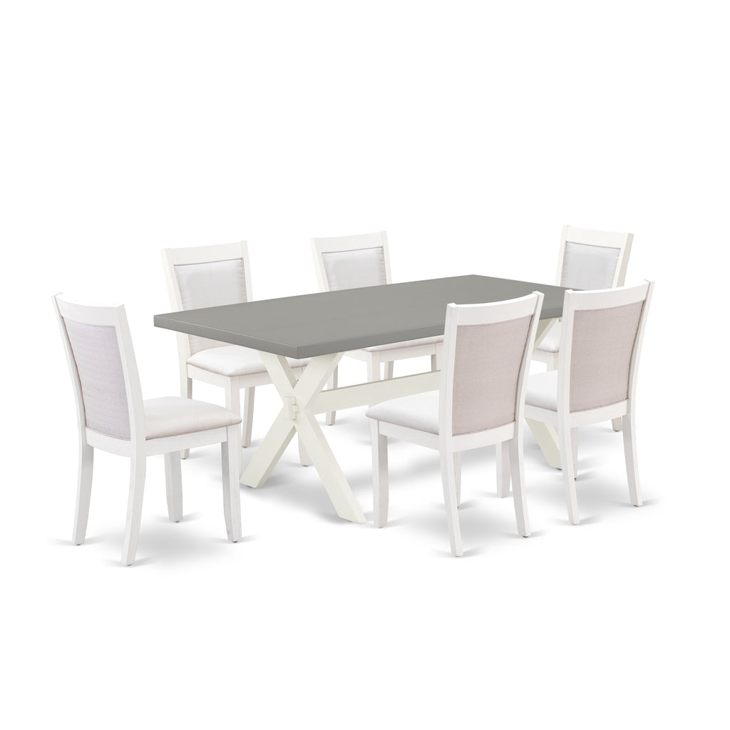 East West Furniture X097MZ001-7 7 Piece Modern Dining Table Set Consist of a Rectangle Wooden Table with X-Legs and 6 Cream Linen Fabric Parson Dining Chairs, 40x72 Inch, Multi-Color