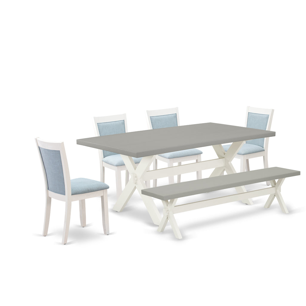 East West Furniture X097MZ015-6 6 Piece Dining Room Table Set Contains a Rectangle Kitchen Table with X-Legs and 4 Baby Blue Linen Fabric Parson Chairs with a Bench, 40x72 Inch, Multi-Color