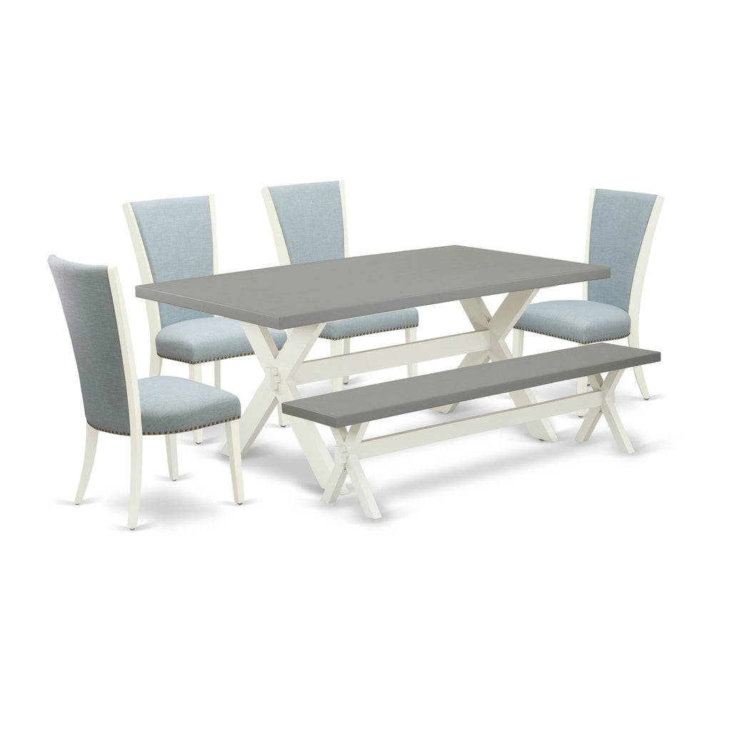 East West Furniture X097VE215-6 6 Piece Kitchen Table Set Contains a Rectangle Dining Table with X-Legs and 4 Baby Blue Linen Fabric Parson Chairs with a Bench, 40x72 Inch, Multi-Color