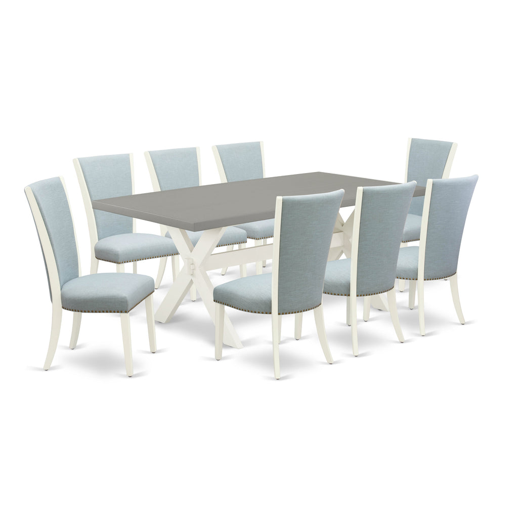 East West Furniture X097VE215-9 9 Piece Dining Room Set Includes a Rectangle Dining Table with X-Legs and 8 Baby Blue Linen Fabric Upholstered Chairs, 40x72 Inch, Multi-Color