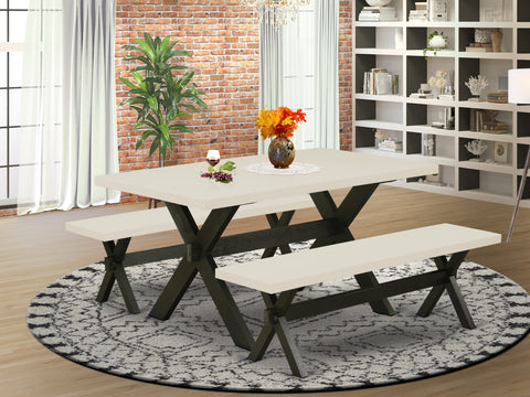 East West Furniture X2-626 3 Piece Dining Room Table Set Contains a Rectangle Kitchen Table with X-Legs and 2 Dining Bench, 36x60 Inch, Multi-Color