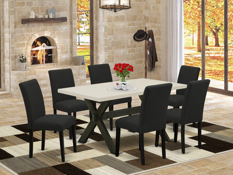 East West Furniture X626AB624-7 7 Piece Dining Set Consist of a Rectangle Dining Room Table with X-Legs and 6 Black Color Linen Fabric Upholstered Parson Chairs, 36x60 Inch, Multi-Color